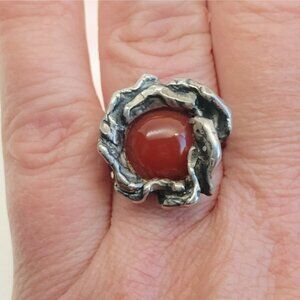 Vtg Modernist Brutalist Sterling Silver Carnelian Ring Size 8 Designer Signed